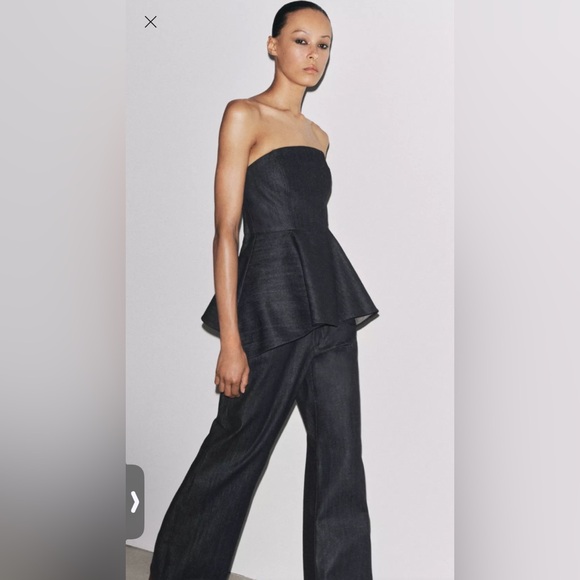 ZARA Denim strapless top Size Medium Asymmetric hem Hidden inseam zip closureNWT - Picture 13 of 14